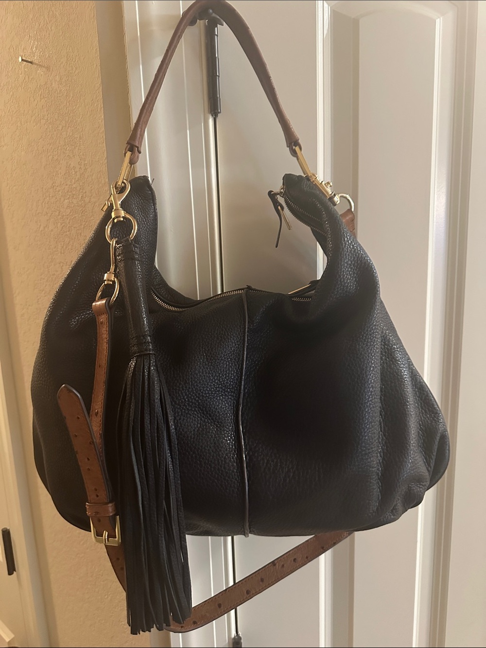 GILI Black Leather Hobo Bag with Brown Ostrich Embossed Strap and CrossbodyStrap